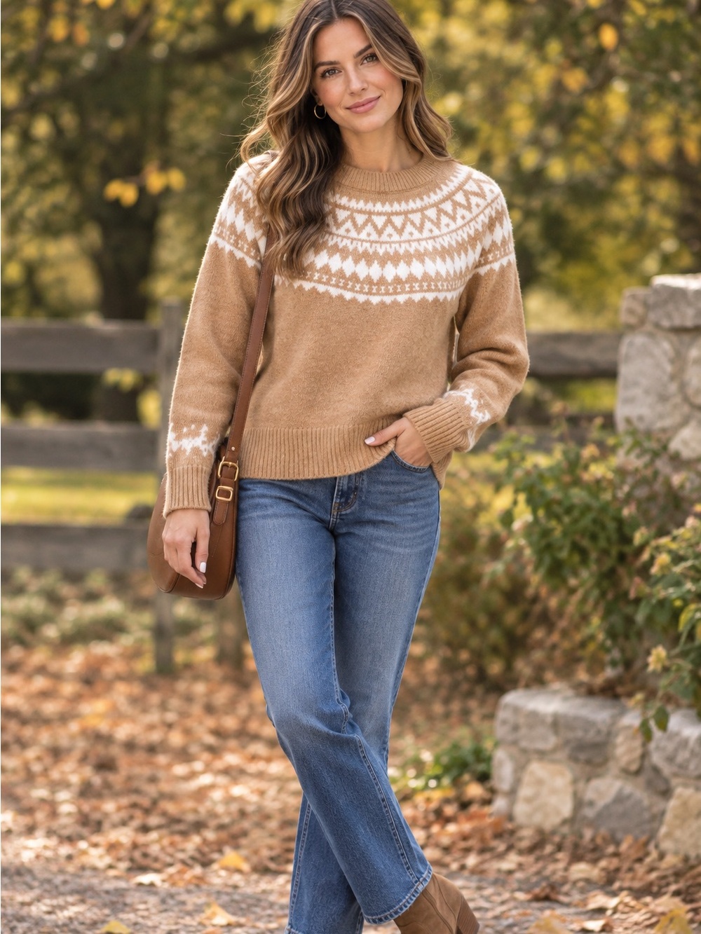Talbots Tan & White Fair Isle Knit Pullover Sweater 2X